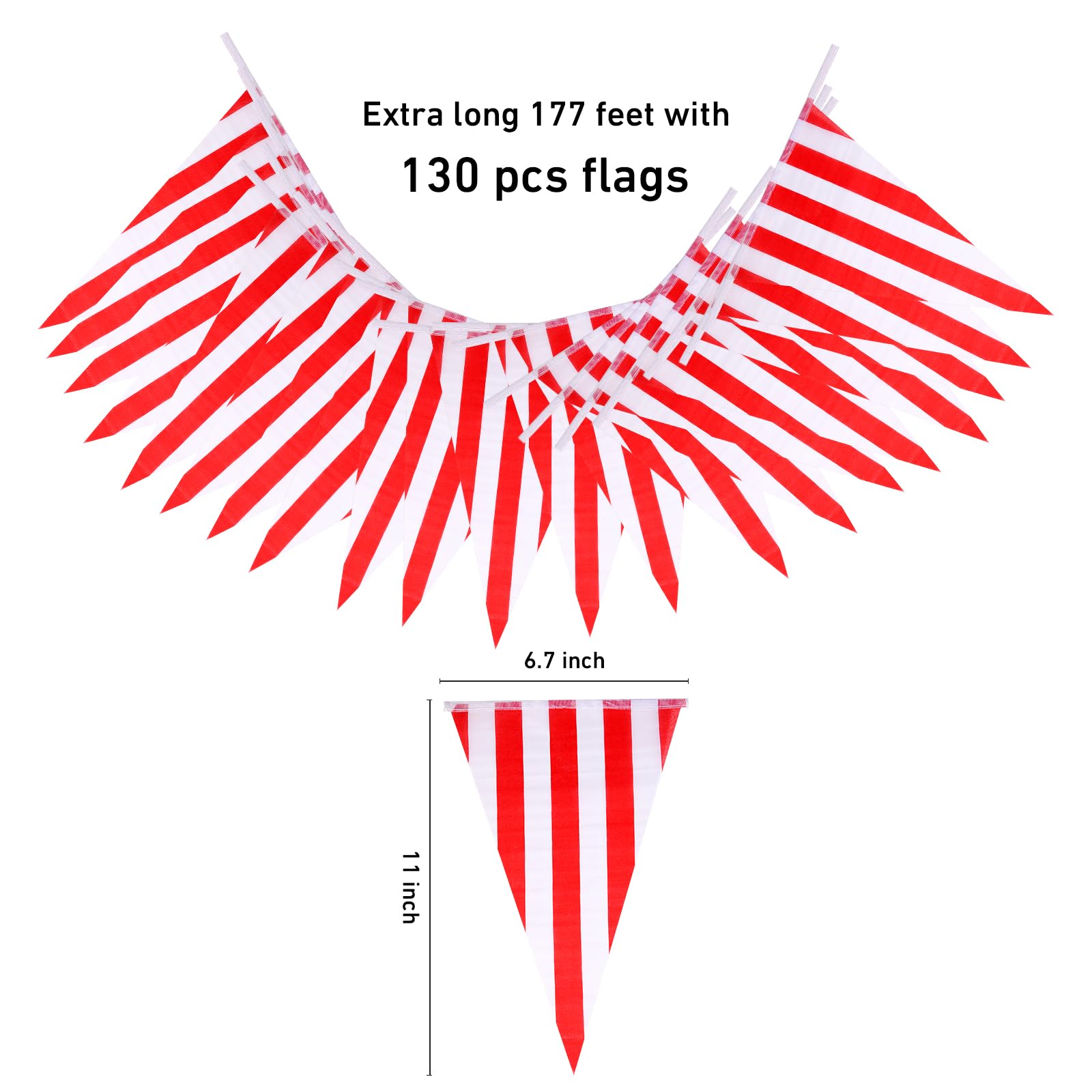 Red and White Striped Carnival Pennant Banners, 177 Feet 130pcs String Flags Triangle Bunting for Cirucs Birthday Party Decoration Festival Celebration