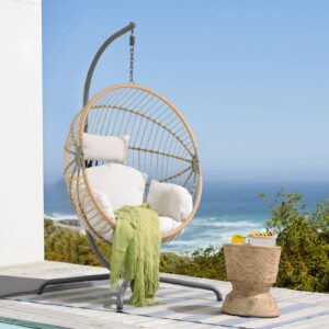 patiorama indoor outdoor egg swing chair with stand, oversized cocoon-shaped rope woven hanging chair, cushion,safety strap,patio wicker foldable hammock chair for porch,garden,bedroom (creamy white)