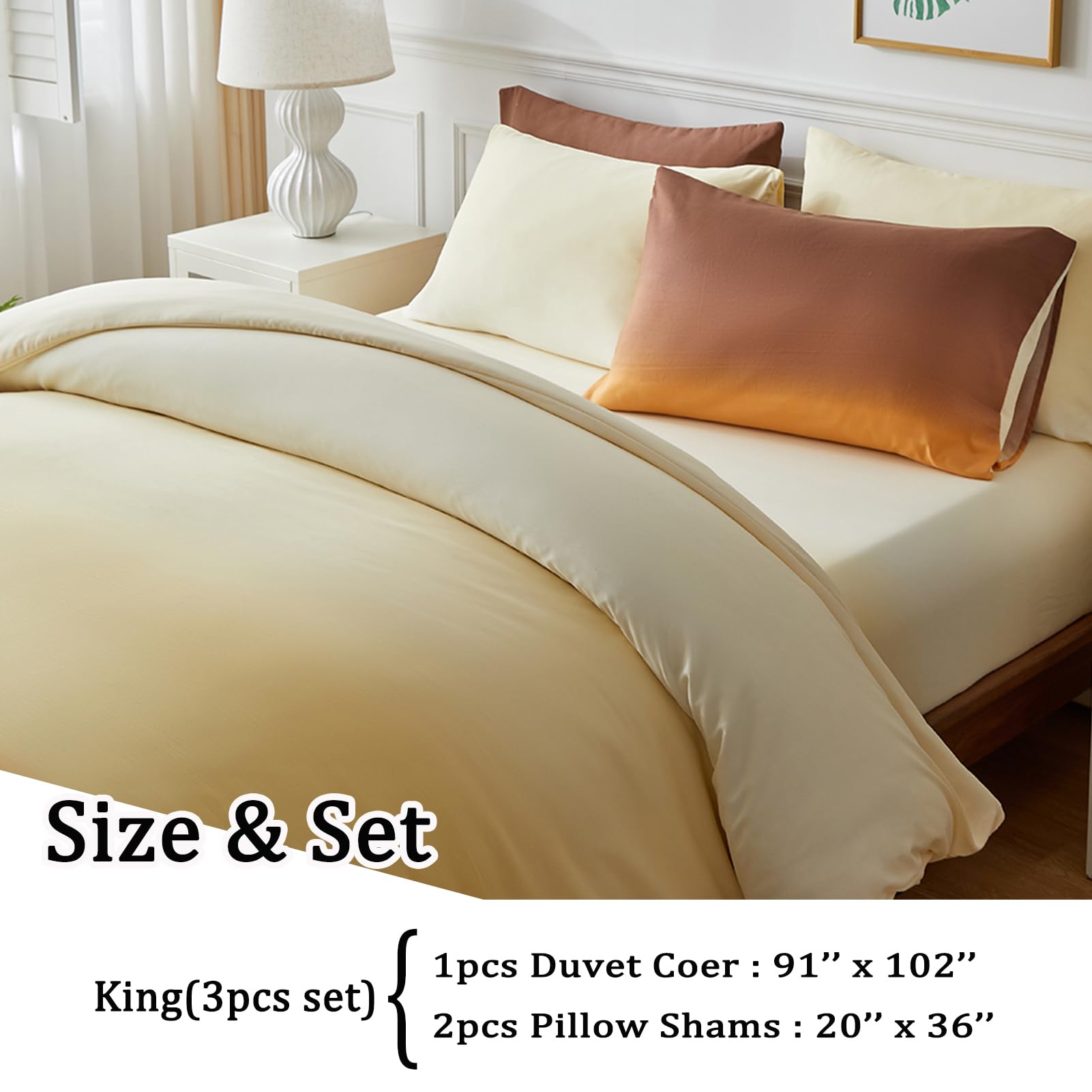 Warmarky Coffee Duvet Cover King Size Gradient Soft Bedding Duvet Cover Set with Zipper Closure, 1pcs Duvet Cover 91''x102'' with Corner Ties, 2pcs Envelop Pillow Shams 20''x36''