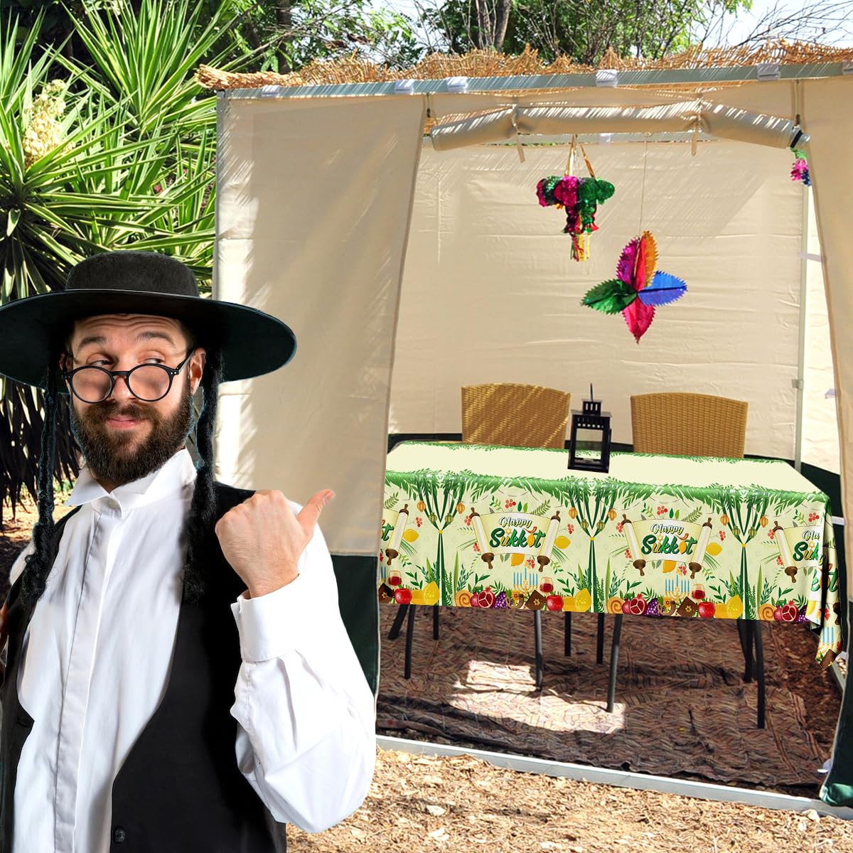 Sukkah Sukkot Tablecloth - Disposable Happy Sukkot Decorations Plastic Tablecloth, Jewish Holiday Party Decorations 3pcs Etrog Lulav Decor Table Cover, Jewish Table Supplies, 108 x 180 cm