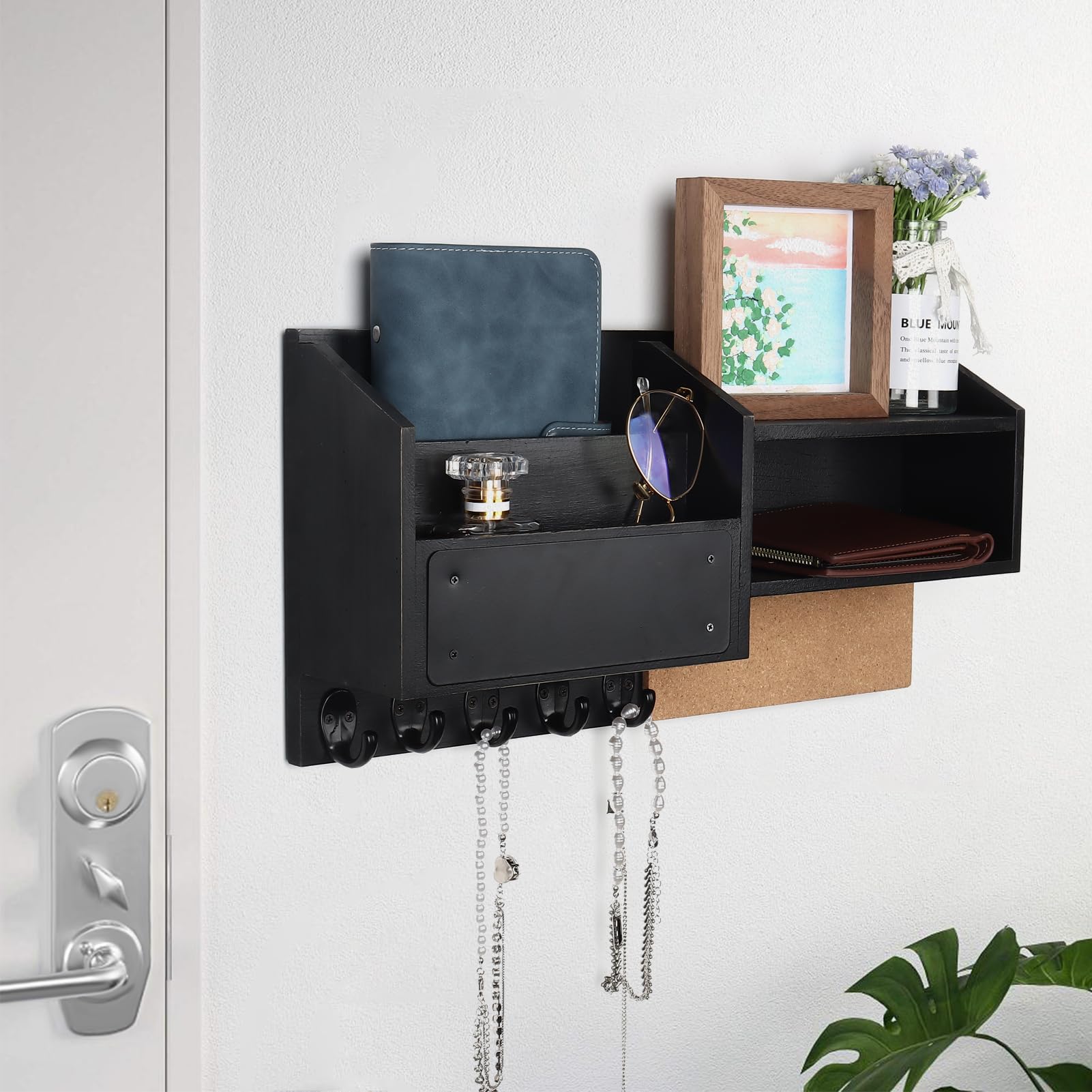 GerayMer Key Holder for Wall, Rustic Key and Mail Holder for Wall, Wood Hanging Key Holder, Key Rack Mail Organizer for Wall, with 5 Hooks, 2 Mail Slots, 2 Storage Shelf, Chalkboard and Cork Board