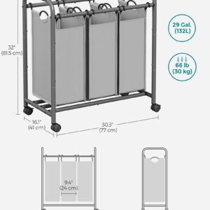 SONGMICS 3-Section Laundry Sorter, Laundry Basket with Wheels, Laundry Hamper with 3 Bags, Laundry Room Organizer, Removable Laundry Bag with Handles, Lockable Wheels, Gray ULSF003GS