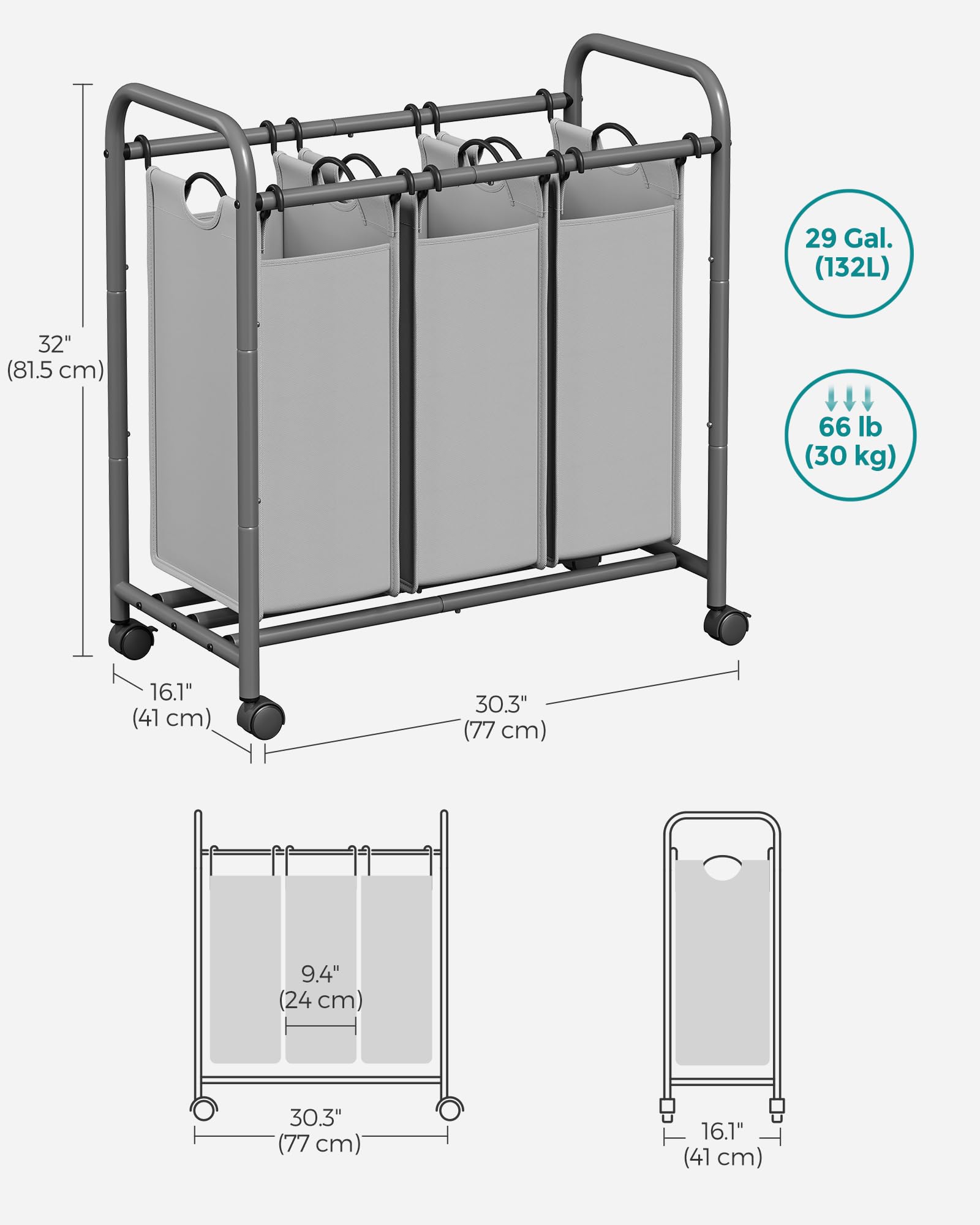 SONGMICS 3-Section Laundry Sorter, Laundry Basket with Wheels, Laundry Hamper with 3 Bags, Laundry Room Organizer, Removable Laundry Bag with Handles, Lockable Wheels, Gray ULSF003GS