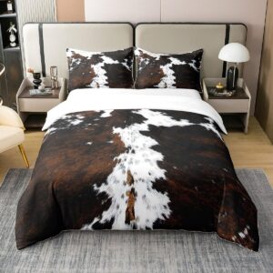 cowhide print 100% cotton duvet cover for kids adults,brown white cow fur pattern bedding set king,rustic farmhouse style wild animal comforter cover 3 pcs with 2 pillowcases