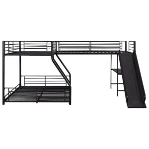 Triple Bunk Beds with Slide, L-Shape Twin Over Ful Bunk Bed Attached a Loft Bed with Desk, Metal Corner Bunk Bed Frame for Three Kids Boys Girls Teens, Black