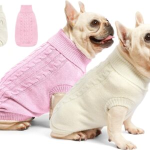 Roseelk 2 Pack Dog Sweaters for Small Dogs - Puppy Medium Warm Clothes in Winter, Turtleneck Pullover Design for Boy Girl Pet, Doggie, Cat, Kitten Chihuahua Bulldog Pug Beagles (S, Pink, Beige)