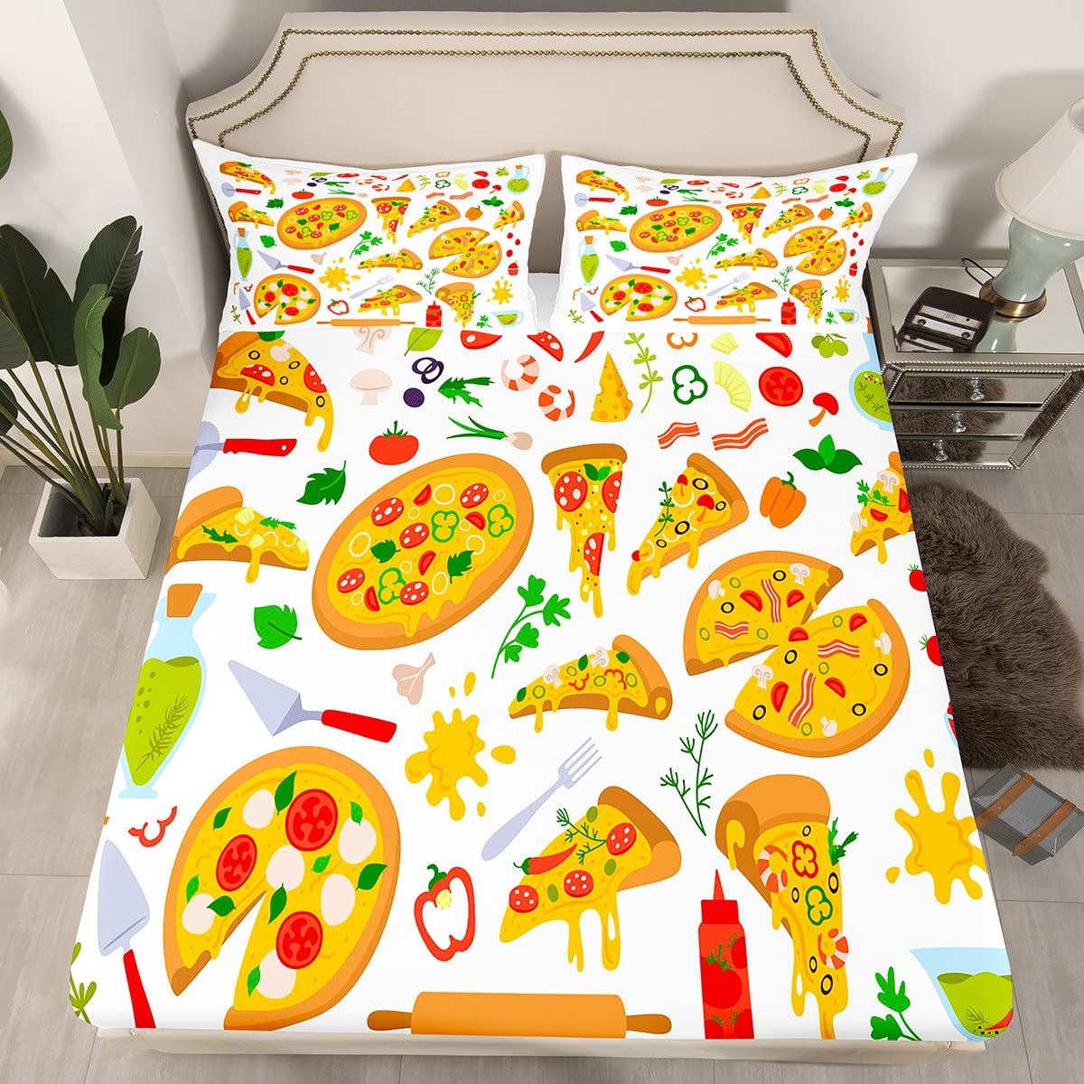 Pizza Bed Sheets Set Full Size Sausage Pizza Sheet Set for Kids Boys Girls Decor Food Themed Sheets with Deep Pocket Fitted Sheet Microfiber Fast Food Bedding Set Bedroom Delicious Gourmet Bed Set