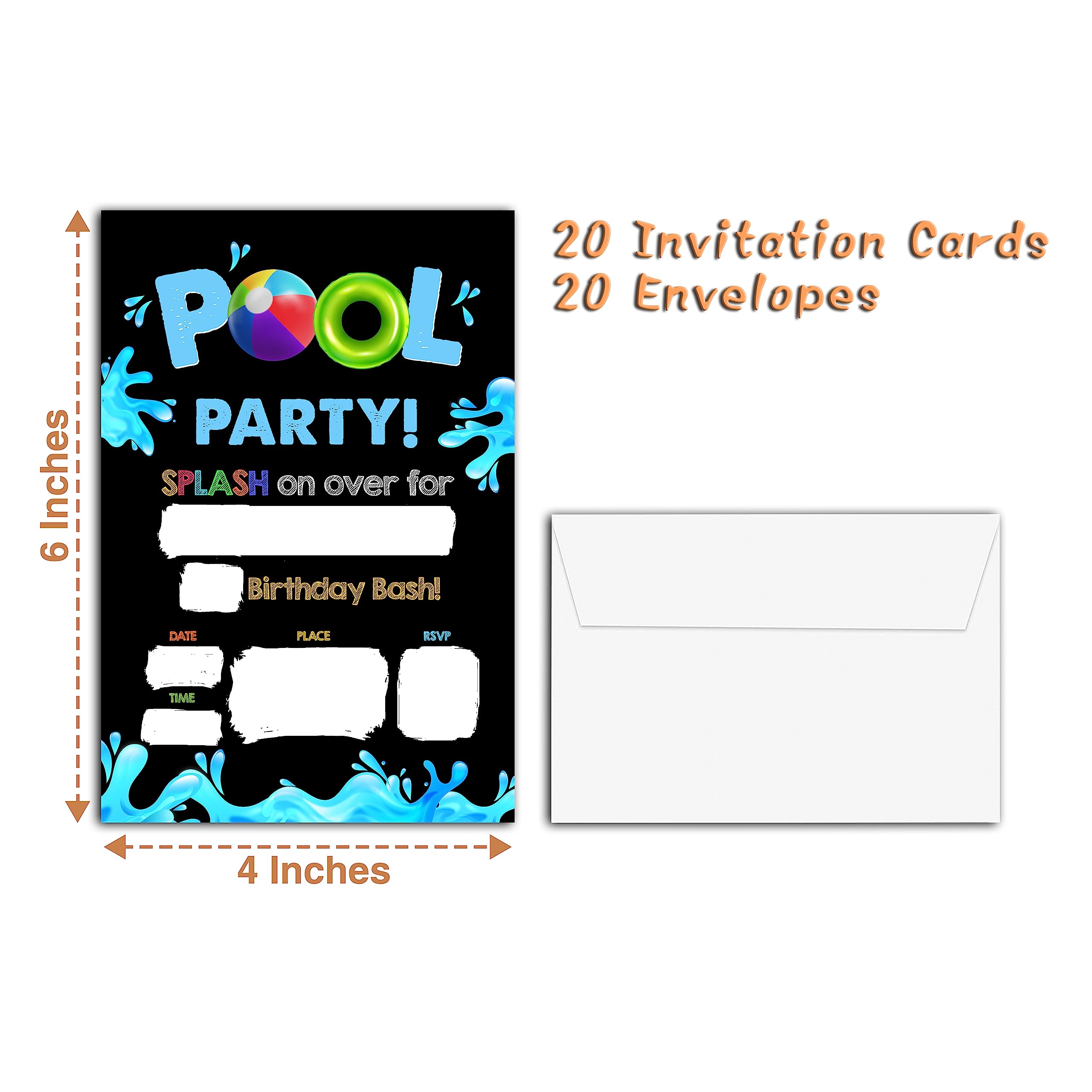 YQV Summer Swim Birthday Invitations Cards, 4"x 6" Summertime Pool Party Invites with Envelopes for Party Decorations Supplies(20 Pieces) -F05