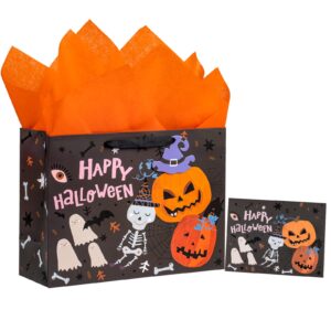 wrapaholic 13" halloween large gift bag with card and tissue paper - classic halloween theme design and happy halloween lettering