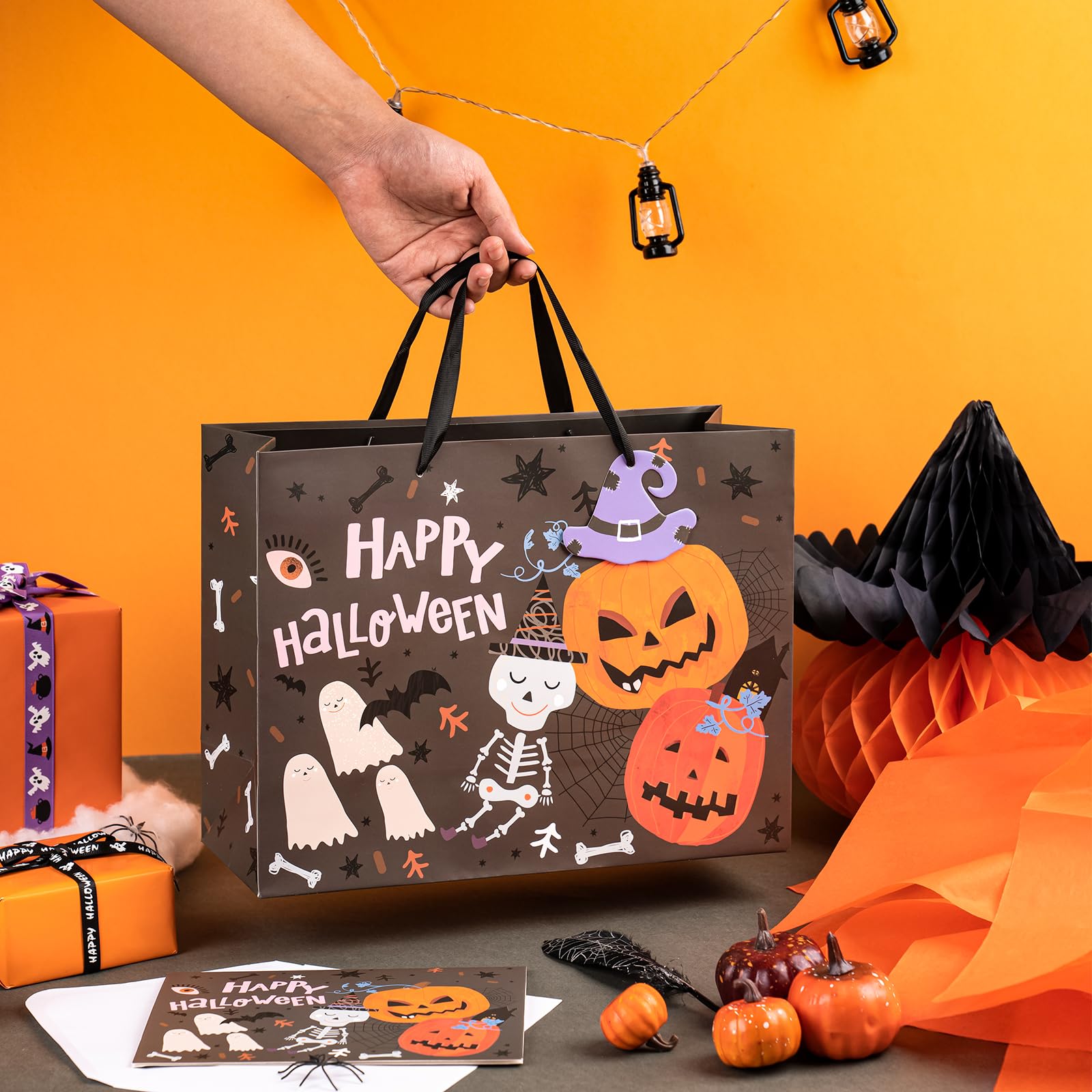 WRAPAHOLIC 13" Halloween Large Gift Bag with Card and Tissue Paper - Classic Halloween Theme Design and Happy Halloween Lettering