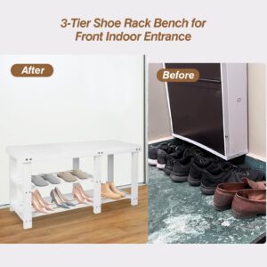 ACEHOME Shoe Rack Bench, 3 Tier Shoe Organizer for Entryway Storage, Small Wooden Shoe Shelf, Freestanding Shoe Racks, Bench Stable Shoe Stand, White