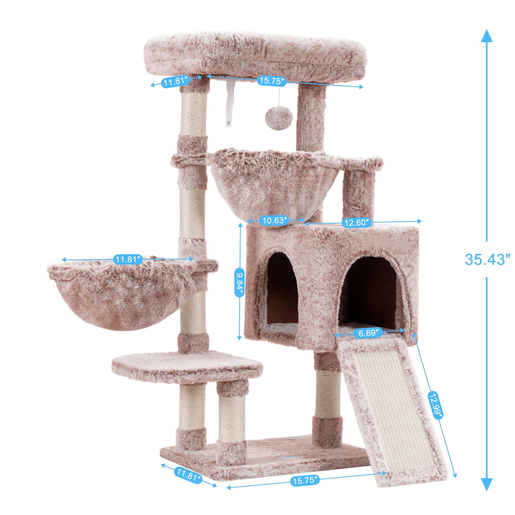 Hey-brother Cat Tree, Cat Tower for Indoor Cats, Cat House with Large Padded Bed, Cozy Condo, Hammocks, Sisal Scratching Posts, Big Scratcher, Muchroom MPJ006SMU