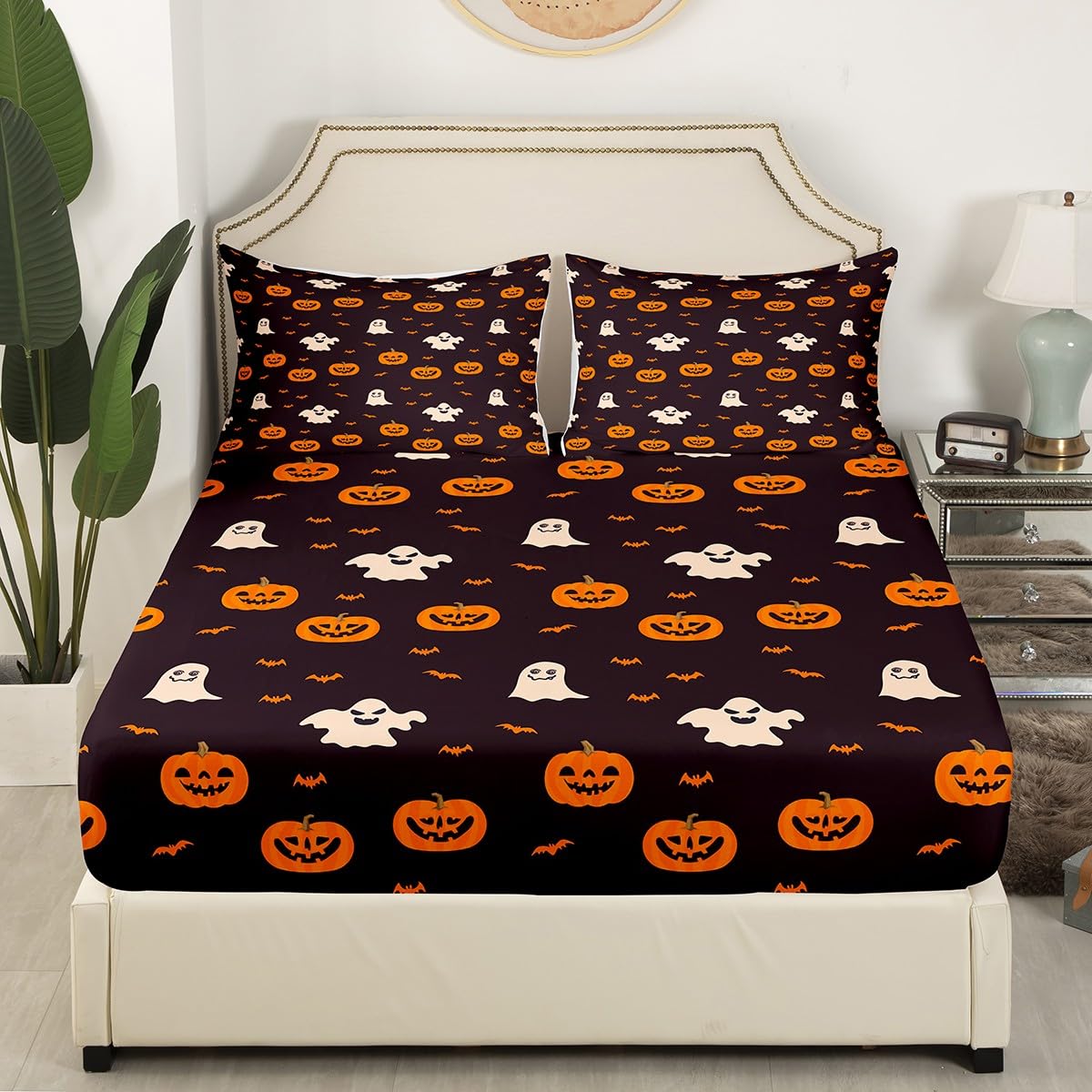 jejeloiu Pumpkin Lantern Sheet Set King Size Kids Halloween Sheets with Deep Pocket Fitted Sheet for Boys Girls Teens Pumpkin Lantern Bed Sheets Set Breathable Ghost Bedding Set Bat Bed Set