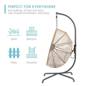 Patiorama Indoor Outdoor Egg Swing Chair with Stand, Oversized Cocoon-Shaped Rope Woven Hanging Chair, Cushion,Safety Strap,Patio Wicker Foldable Hammock Chair for Porch,Garden,Bedroom (Creamy White)