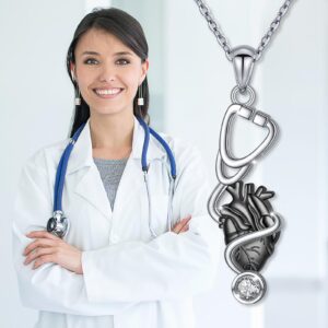 YinShan Nurse Necklace S925 Sterling Silver Nurse Day Doctor Anatomical Organ Heart with Stethoscope Pendant Necklace Graduation Gift for Female Medical Student Healthcare Workers Jewelry