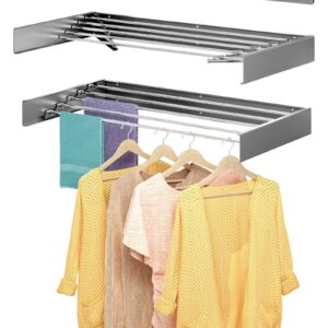 kenvc Wall Mounted Drying Rack 40", Laundry Drying Rack Collapsible, 16.5 Linear Ft 5 Aluminum Rods 60 lb Capacity with Wall Template Screwdriver Bit Drill Bit (40", No Hook Gray)