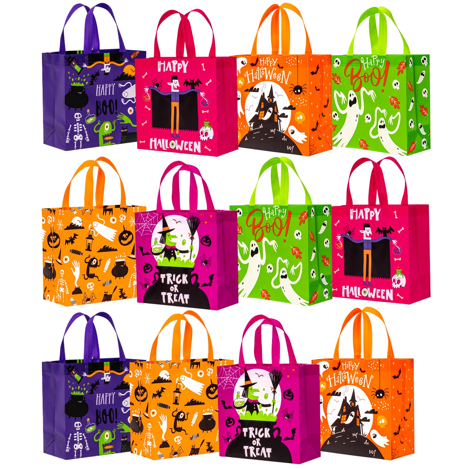 WRAPAHOLIC 12 Pack Halloween Trick or Treat Bags - 10.5 x 5 x 10.5 inch - Ghosts, Bats, Spider Reusable Goodie Treat Bag with Handle for Halloween Party Favors