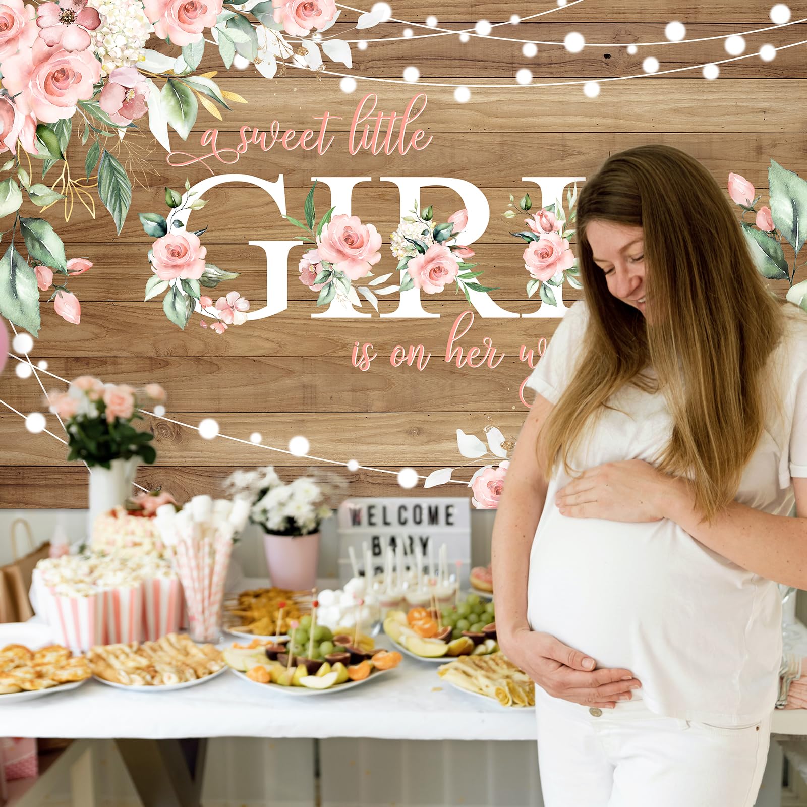 Avezano Rustic Girl Baby Shower Banner A Sweet Little Girl is on Her Way Baby Shower Party Decorations Pink Floral Girl Banner Photo Booth Studio Props 70.8 x 43.3 inch