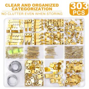 KURUI 303Pcs Picture Hanging Kit, Picture Hangers Assorted Kit With Heavy Duty Wall Hooks, Sawtooth, Picture Wire, D Rings, Hardware Nails, Eye Hooks and Picture Hanging Tool for Frame Canvas Mounting