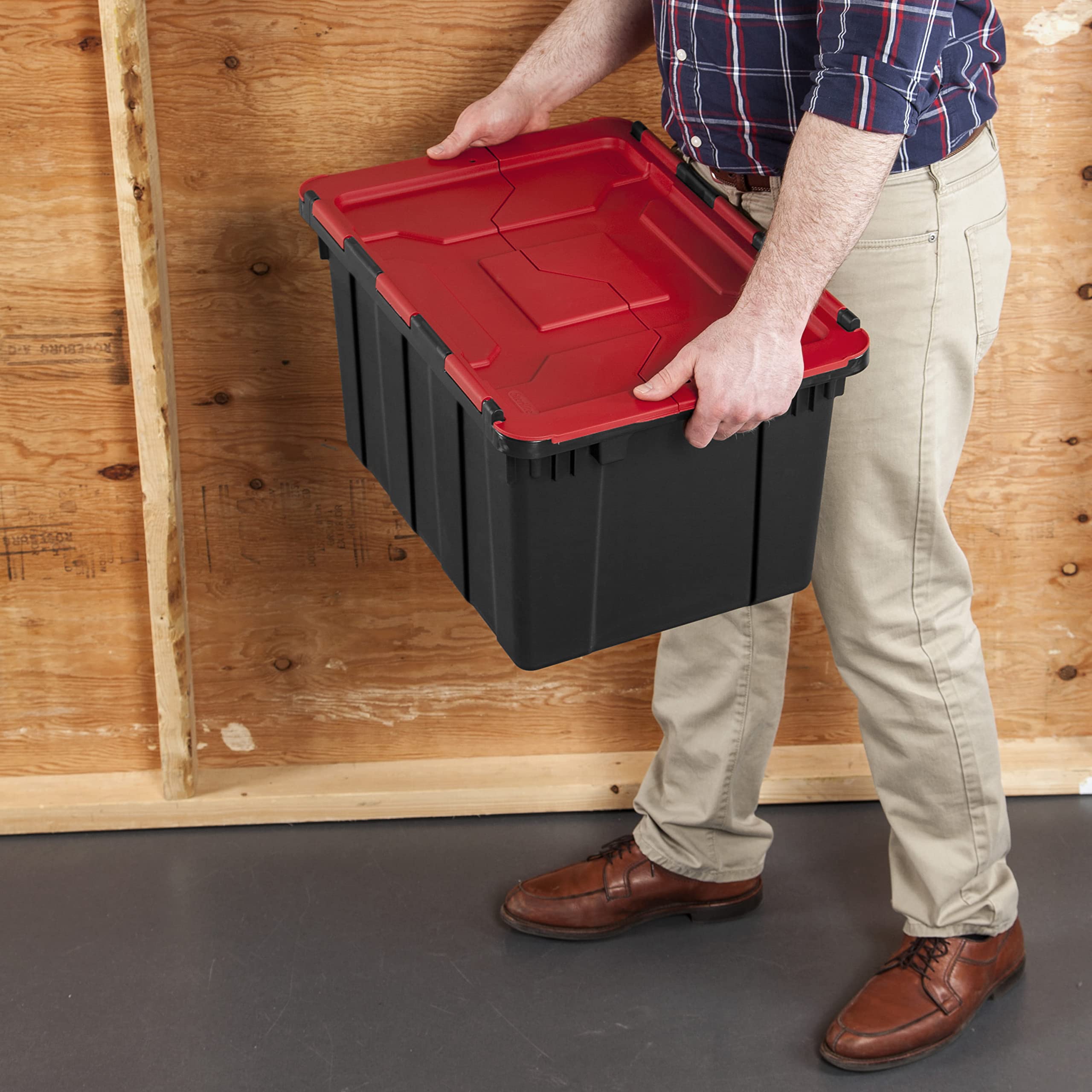 HeduSa 12 Multifunctional Gallon hinged Lid Industrial Tote Plastic Storage Container for Storage and Organization, black, set of 6 to bring order to garages, basements and attics