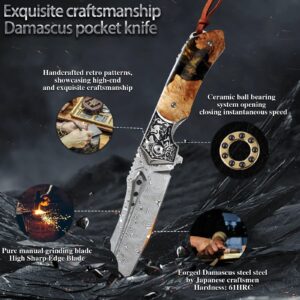 Minowe Japan Handmade Damascus steel steel Folding Pocket Knife，3.5 in High hardness blade，Frame Lock，With Leather Sheath，resin and Maple handle，Mountaineering go fishing hunting Adventure Knifee