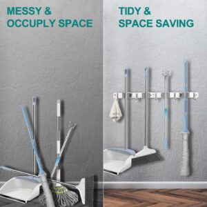 OCGIG 2 Pack Mop and Broom Holder, Wall Mounted Metal Hanger Organization Storage Heavy Duty Tool Organizer for Garage Home Kitchen Laundry Garden (4 Racks and 5 Hooks)