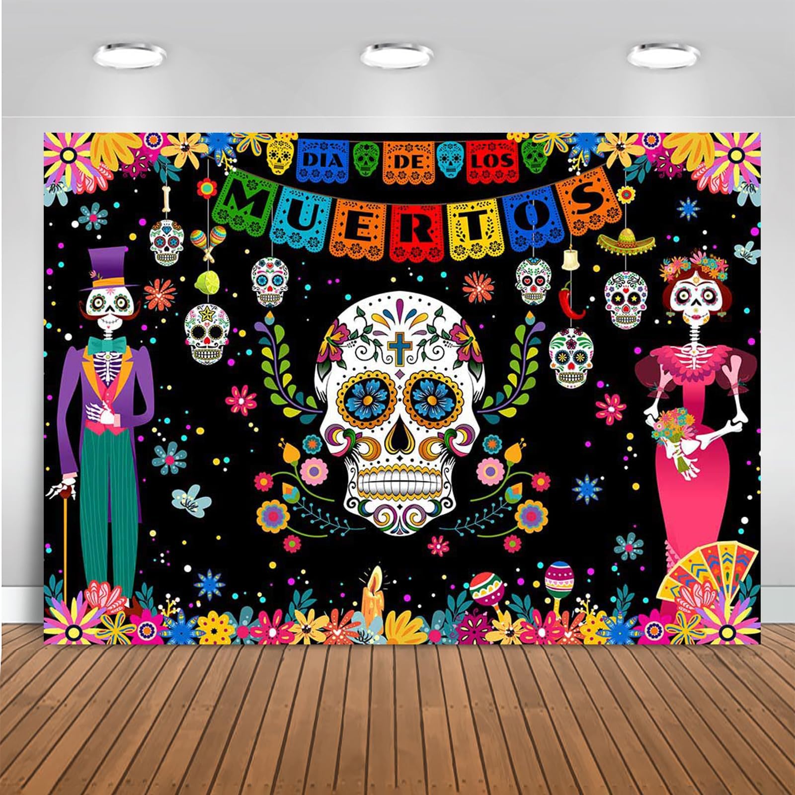 Mocsicka Day of The Dead Backdrop Mexican Día De Los Muertos Background Fiesta Sugar Skull Halloween Dress-up Party Decoration Halloween Cake Table Banner (Muticolor, 7x5ft(82''x60''))