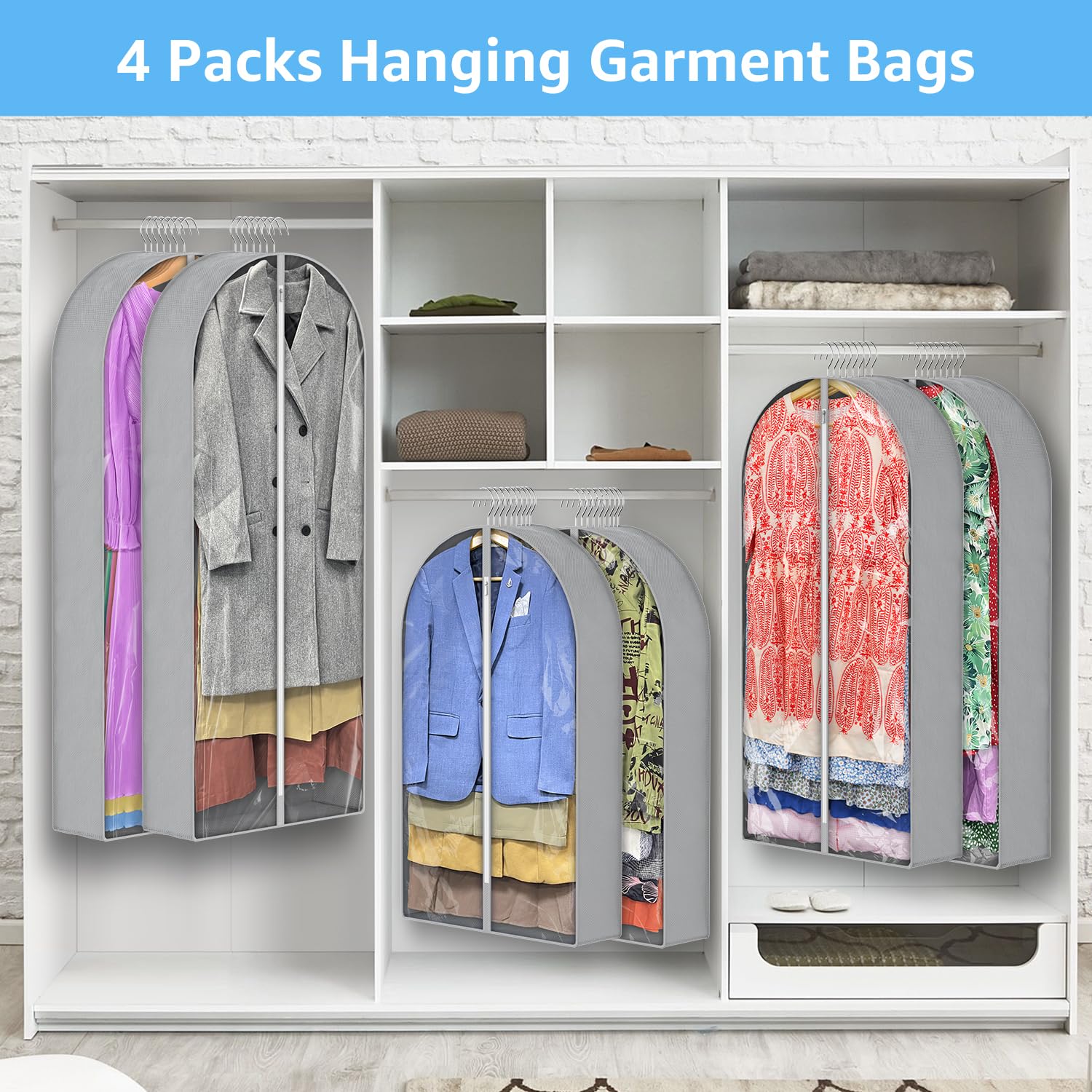 LAPPR 4 Pack 40'' Garment Bags for Hanging Clothes with 6.5'' Gusseted,Clothes Bags for Storage Hanging, Clothing Bags with Zipper Protecting Travel Suit Bags