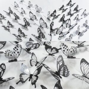 Ewong 54Pcs Black 3D Butterfly Wall Decor - Butterfly Decoration Party Cake Decorative - Removable Waterproof Butterfly Wall Decal Birthday Home Room Decor Bathroom Bedroom Sticker & Murals