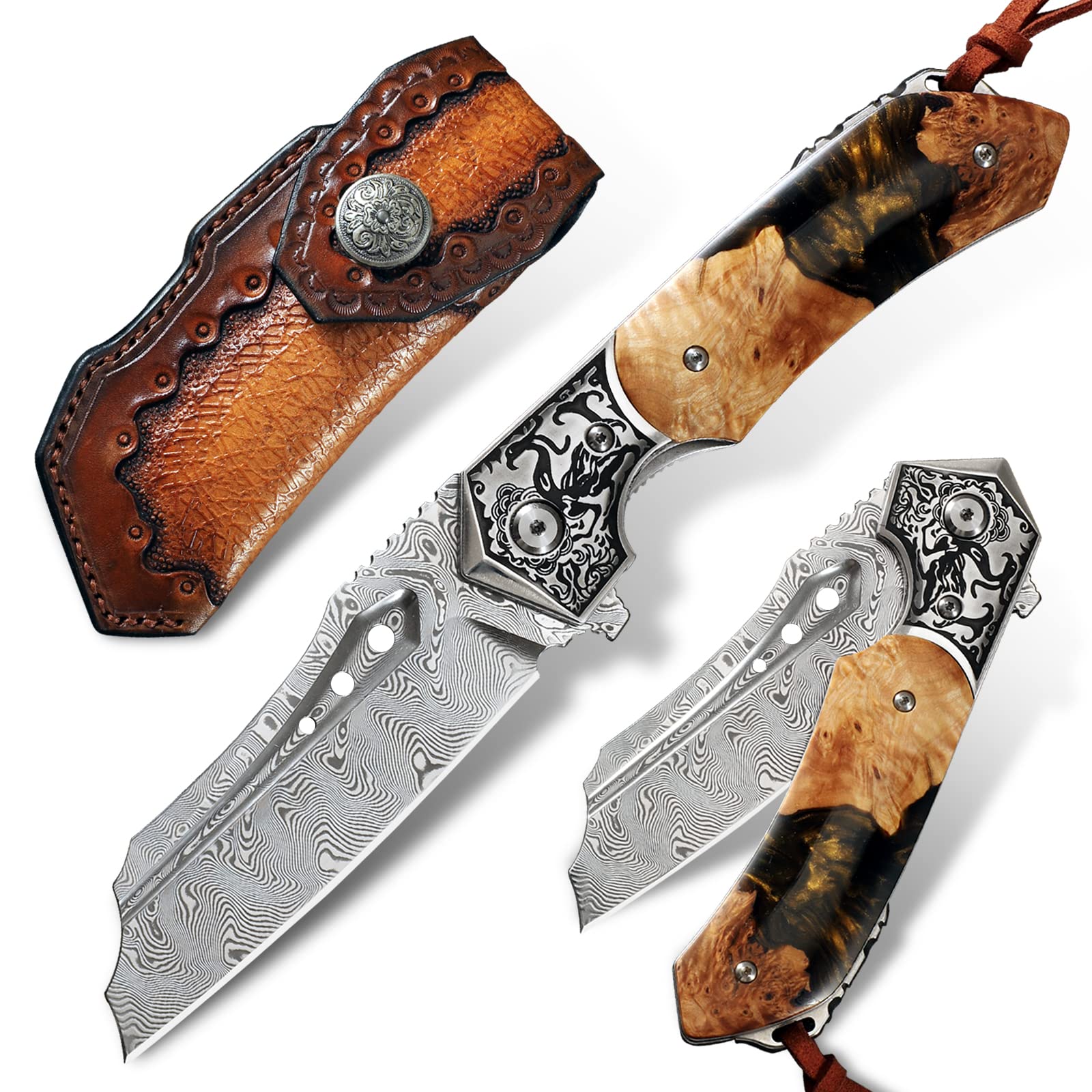 Minowe Japan Handmade Damascus steel steel Folding Pocket Knife，3.5 in High hardness blade，Frame Lock，With Leather Sheath，resin and Maple handle，Mountaineering go fishing hunting Adventure Knifee