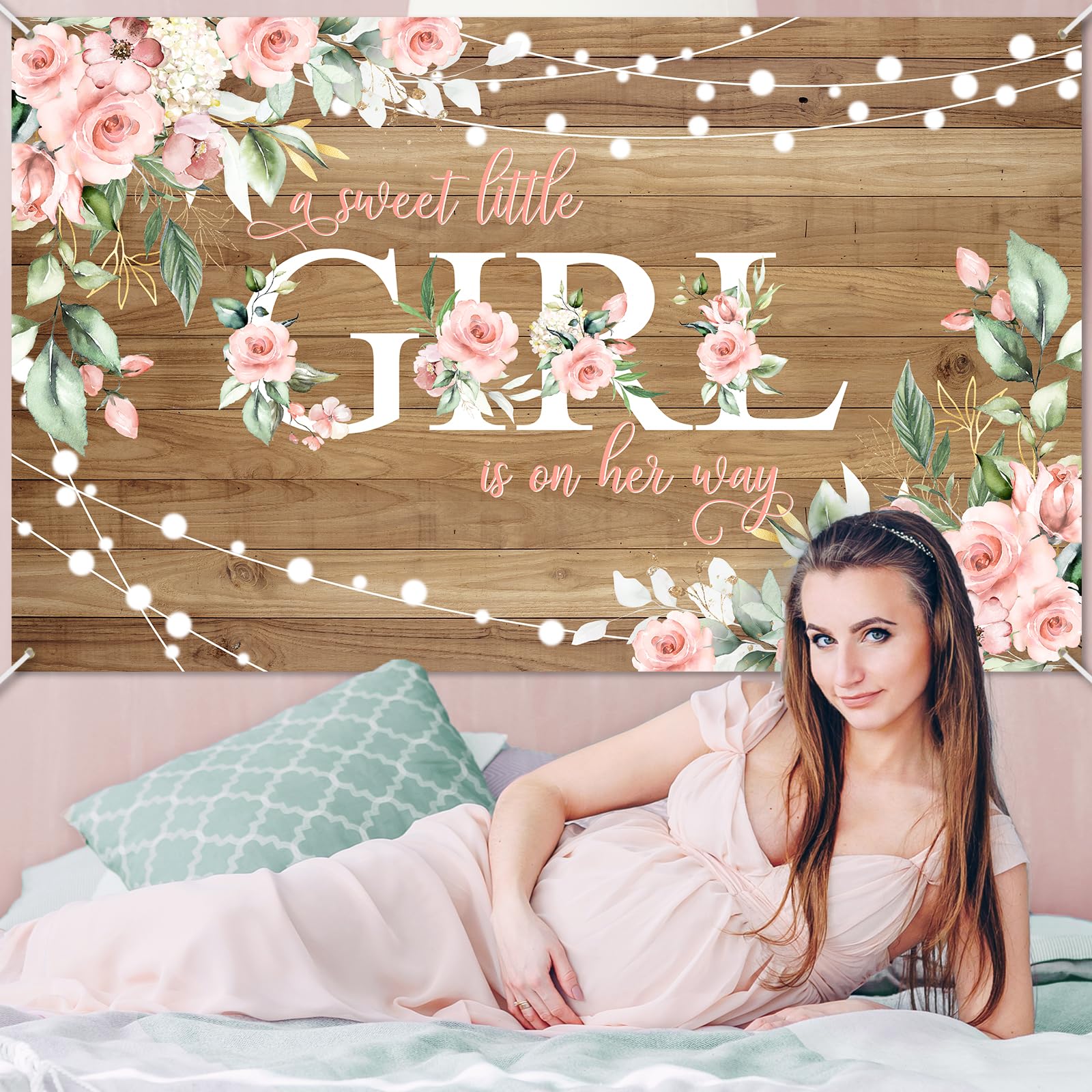 Avezano Rustic Girl Baby Shower Banner A Sweet Little Girl is on Her Way Baby Shower Party Decorations Pink Floral Girl Banner Photo Booth Studio Props 70.8 x 43.3 inch