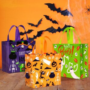 WRAPAHOLIC 12 Pack Halloween Trick or Treat Bags - 10.5 x 5 x 10.5 inch - Ghosts, Bats, Spider Reusable Goodie Treat Bag with Handle for Halloween Party Favors