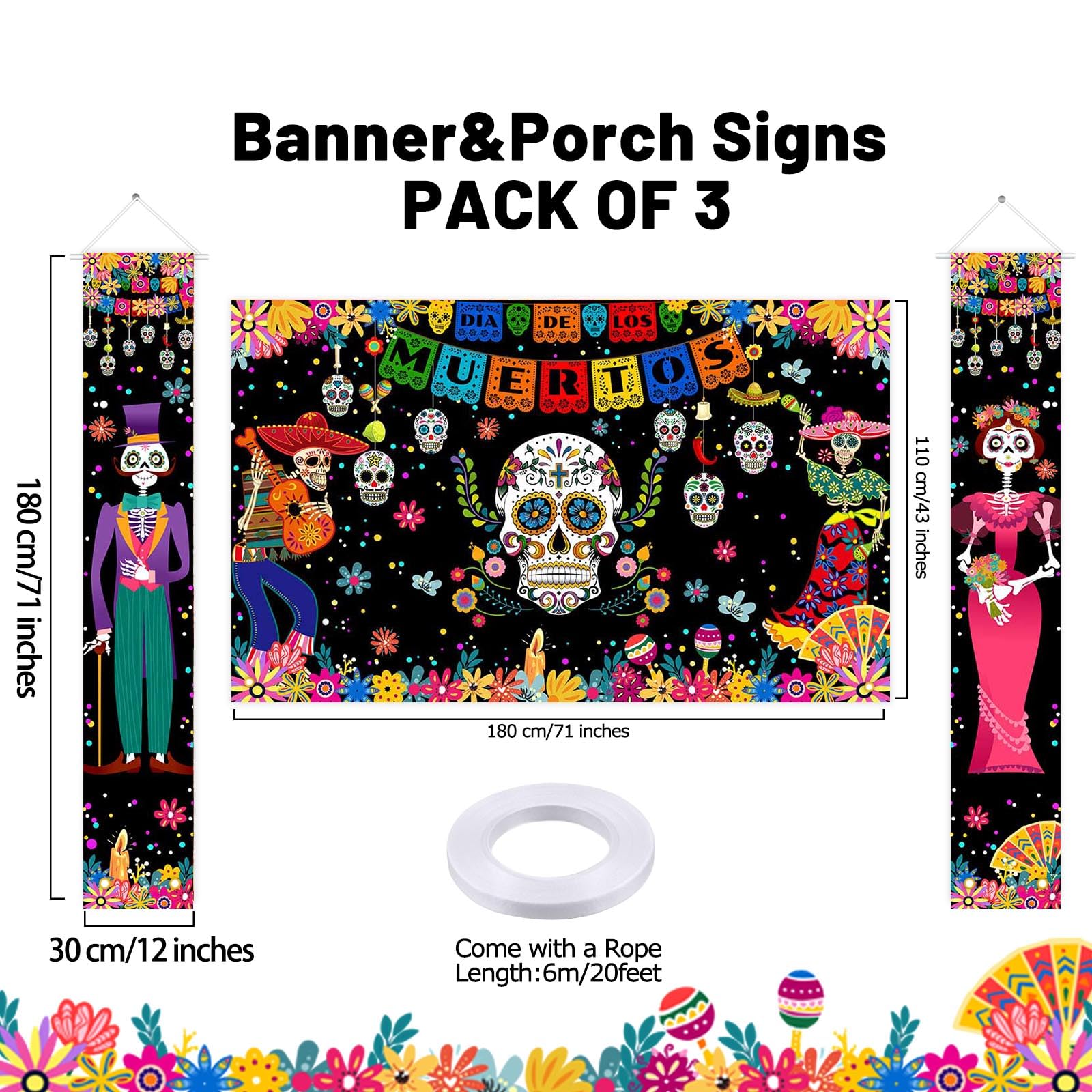 Avezano Day of The Dead Decorations Dia de Los Muertos Banner&Porch Signs Kit for Mexican Dia de Los Muertos Party Decor Day of Dead Hanging Banner Indoor Outdoor Supplies