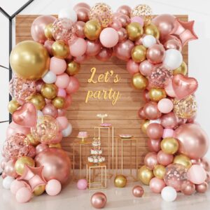 154pcs rose gold balloons arch garland kit, bachelorette pink and gold confetti balloons with star heart for women girls birthday wedding bridal baby shower party decorations