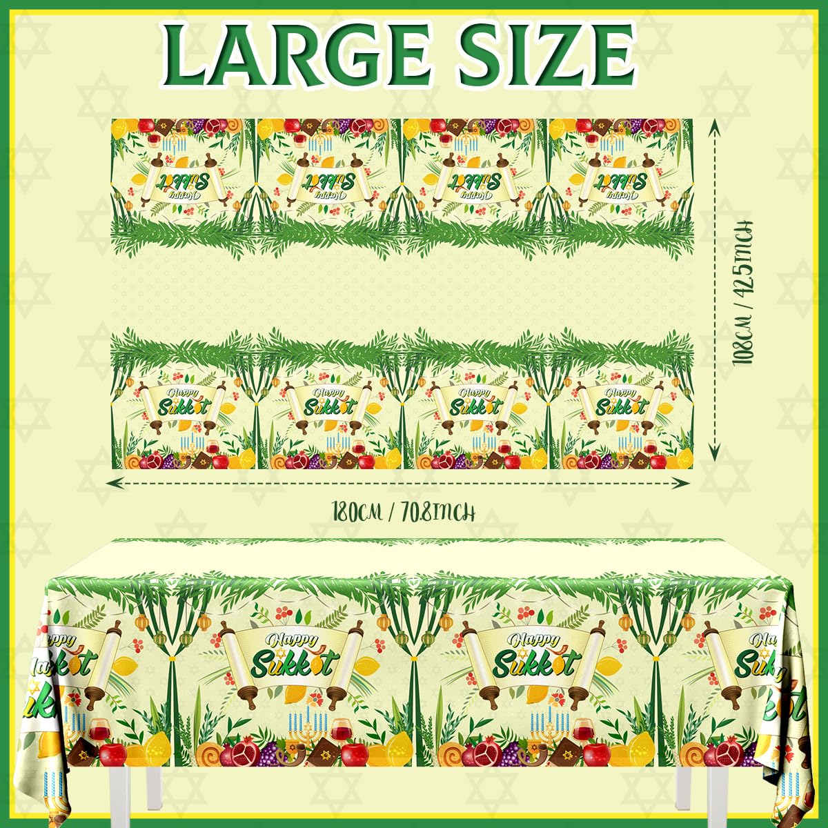 Sukkah Sukkot Tablecloth - Disposable Happy Sukkot Decorations Plastic Tablecloth, Jewish Holiday Party Decorations 3pcs Etrog Lulav Decor Table Cover, Jewish Table Supplies, 108 x 180 cm