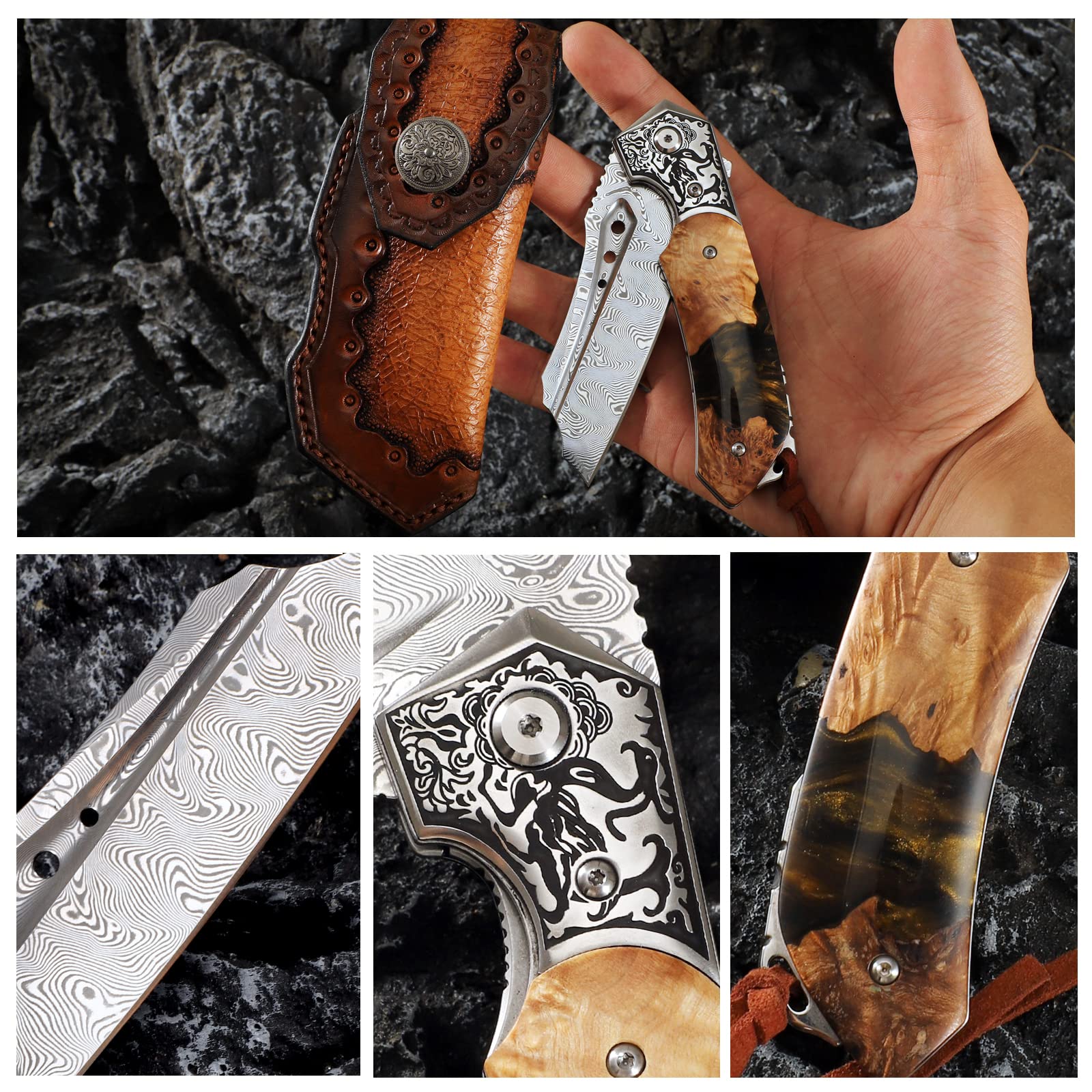 Minowe Japan Handmade Damascus steel steel Folding Pocket Knife，3.5 in High hardness blade，Frame Lock，With Leather Sheath，resin and Maple handle，Mountaineering go fishing hunting Adventure Knifee