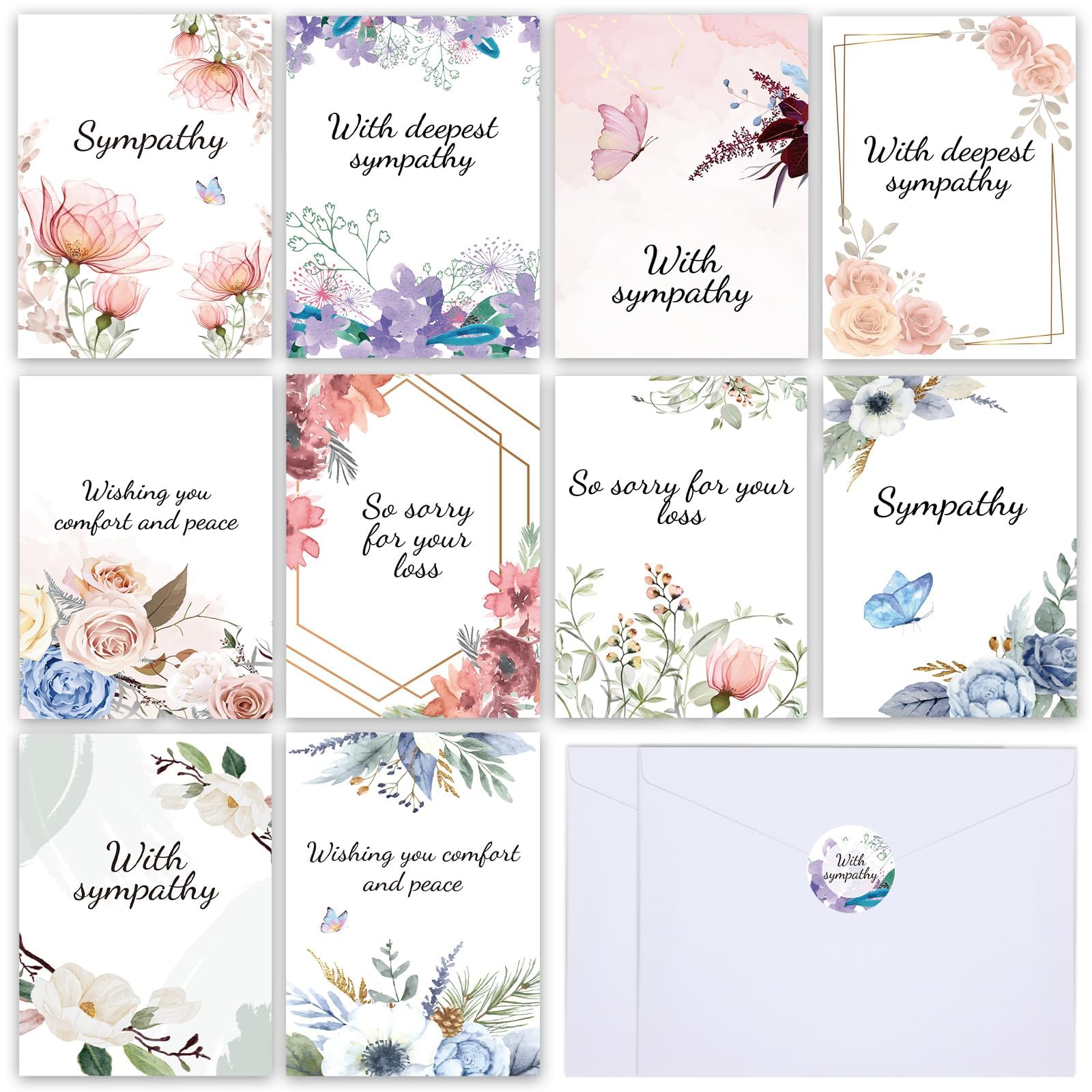 ZOIIWA 150 Pieces Bulk Sympathy Card with Envelopes Flower Sympathy Thank You Cards With Greetings Inside Floral Funeral Thank You Cards Bereavement Cards Condolences Cards