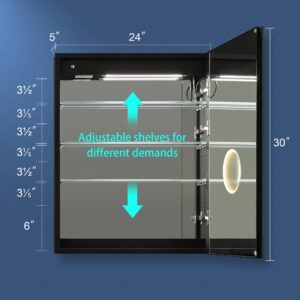 FRALIMK LED Medicine Cabinet with Vanity Mirror Lights, 24x30 inch Bathroom Wall with Defogger, Date/Time, Room Temp Display, 3X Makeup Mirror, Outlet, Recessed or Surface,Right Hinge