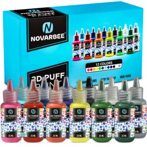 novarbee- fabric paint, 12 colors puff paint, 0.67 oz, fabric paint for clothes, 3d puff pens, puff paint for crafts, canvas, glass, clothing, wood.