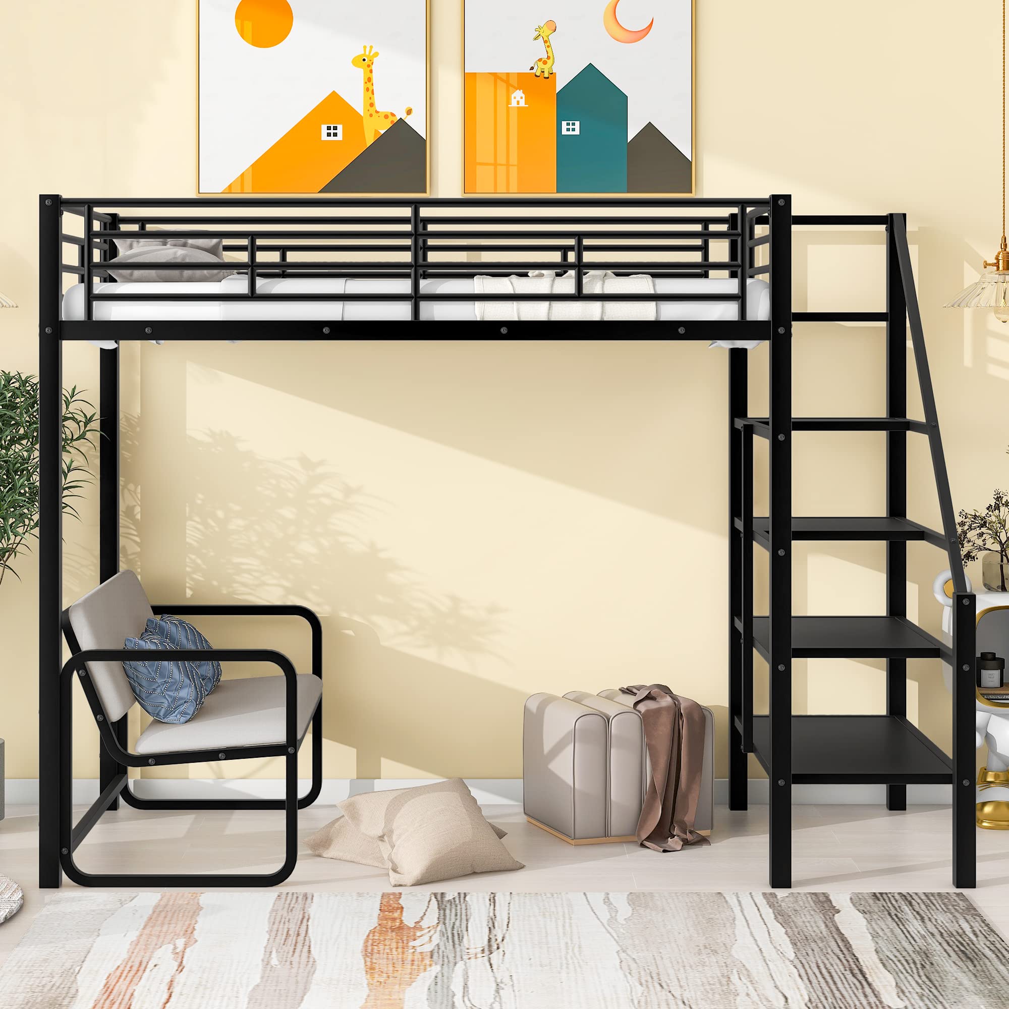 Twin Size Loft Bed with Storage Staircase and Bench, Metal Twin Loft Bed Frame for Kids Teens, Twin High Loft Bed, Metal Loft Bed with Full Length Guardrail and Slat (Twin, Black)