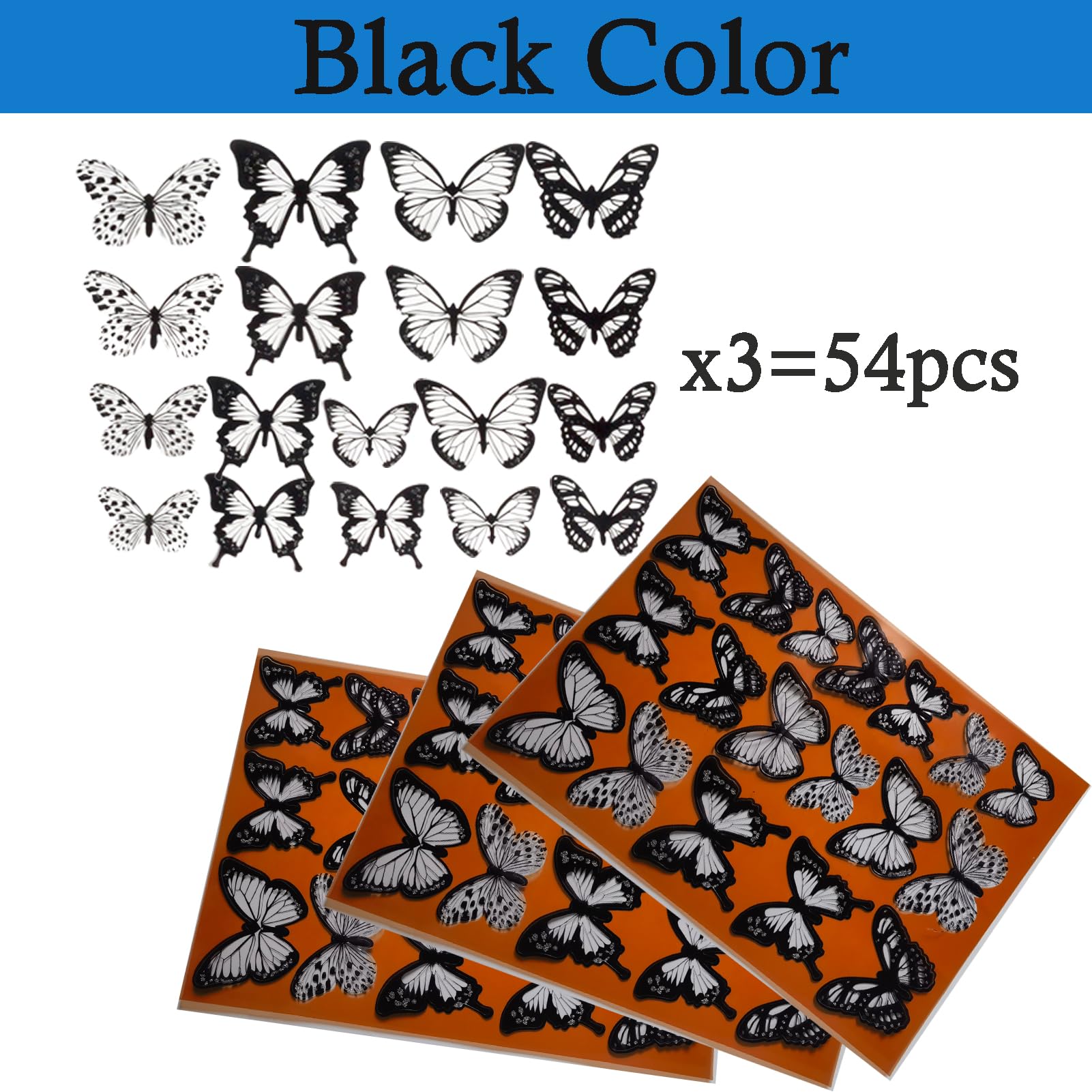 Ewong 54Pcs Black 3D Butterfly Wall Decor - Butterfly Decoration Party Cake Decorative - Removable Waterproof Butterfly Wall Decal Birthday Home Room Decor Bathroom Bedroom Sticker & Murals