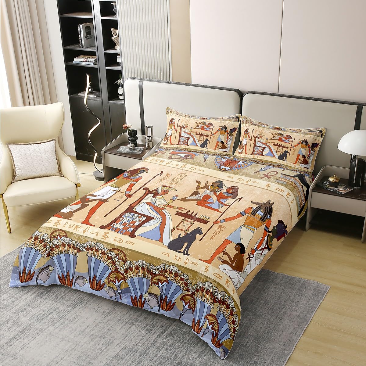 Ancient Egypt Cotton Duvet Cover Set Queen Retro Egyptian Pattern Comforter Cover Set for Women Men Adults Egypt Culture Bedding Set Tribal Eagle Dog Design Bedspread Cover Bedroom Decor Quilt Cover