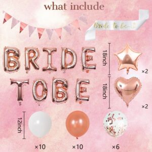 BINQOO Bride to Be Bachelorette Party Kit Rose Gold Banner Miss to Mrs Foil Balloons Bride to Be Sash for Bridal Shower White Confetti Balloons Engagement Wedding Party Decor Set