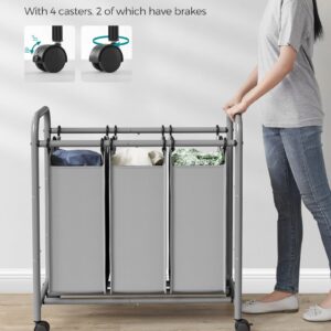 SONGMICS 3-Section Laundry Sorter, Laundry Basket with Wheels, Laundry Hamper with 3 Bags, Laundry Room Organizer, Removable Laundry Bag with Handles, Lockable Wheels, Gray ULSF003GS