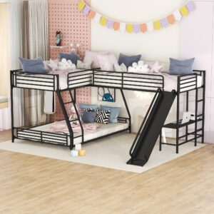 triple bunk beds with slide, l-shape twin over ful bunk bed attached a loft bed with desk, metal corner bunk bed frame for three kids boys girls teens, black