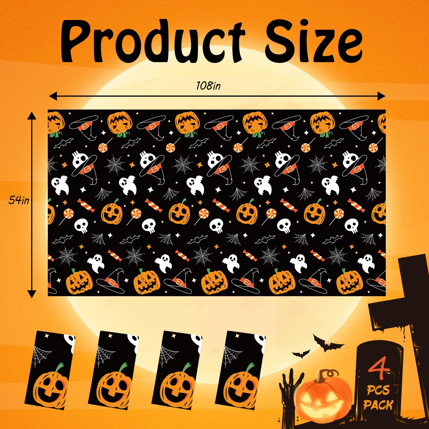 CXPSINC 4 Pack Halloween Pumpkin Ghost Tablecloth,54" x 108" Rectangular Plastic Spider Web Table Cloth Large Size Halloween Table Covers for Home Decor Halloween Party Decorations (Pumpkin Ghost)