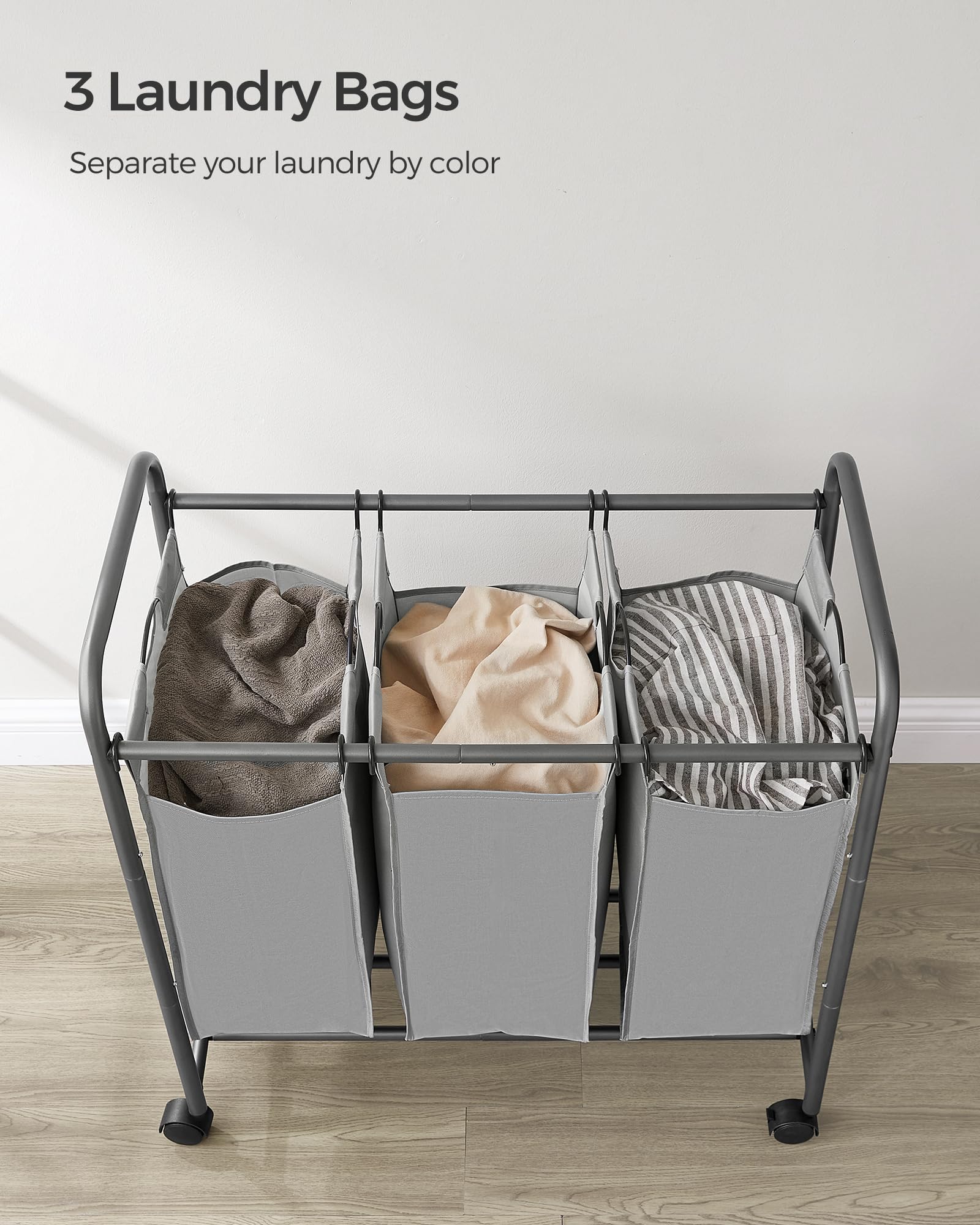 SONGMICS 3-Section Laundry Sorter, Laundry Basket with Wheels, Laundry Hamper with 3 Bags, Laundry Room Organizer, Removable Laundry Bag with Handles, Lockable Wheels, Gray ULSF003GS