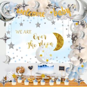 154 PCs Over The Moon Baby Shower Decorations, Fiesec We Are Over The Moon Baby Shower Decorations Backdrop Balloon Garland Glitter Banner Cake Cupcake Topper Boxes Cutout Starry Night Galaxy Sliver