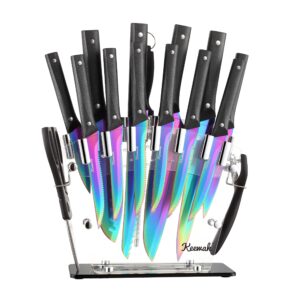 keewah knife set, 16 piece kitchen knives set with acrylic stand, rainbow