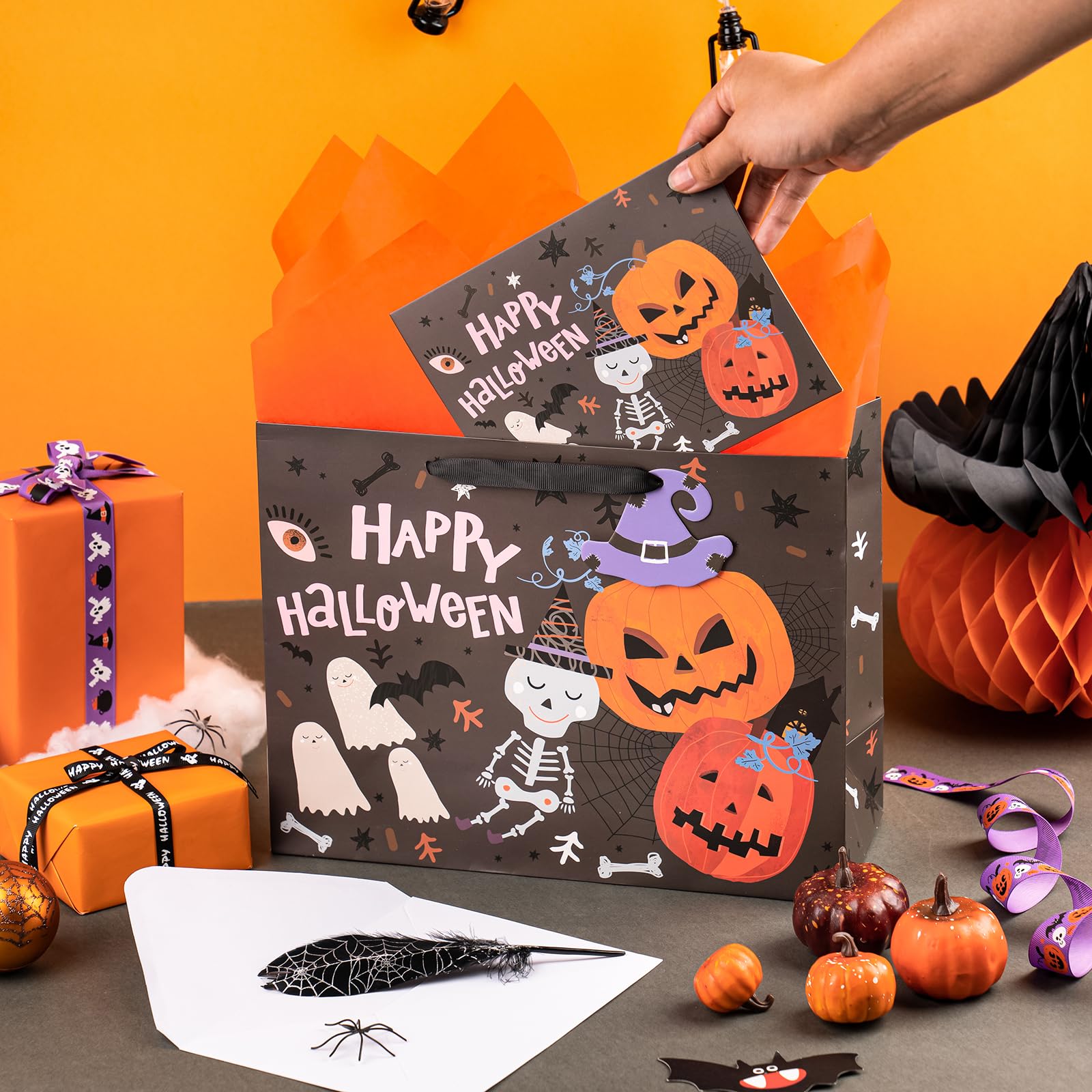 WRAPAHOLIC 13" Halloween Large Gift Bag with Card and Tissue Paper - Classic Halloween Theme Design and Happy Halloween Lettering